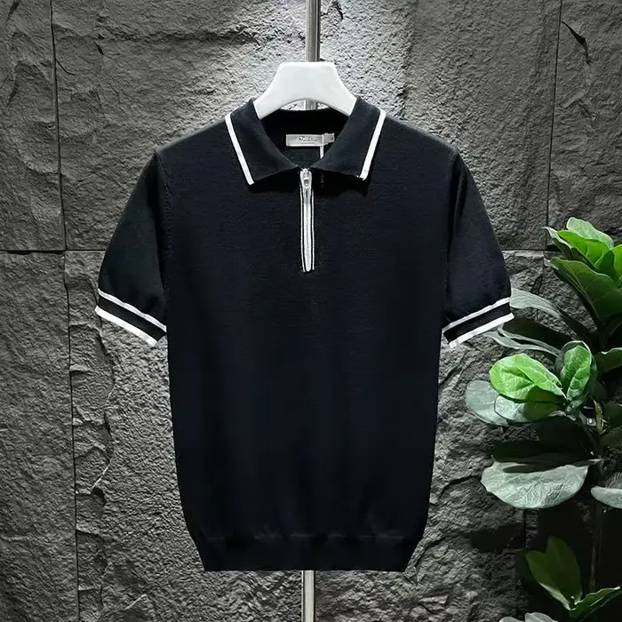 Polo de Luxe à Manches Courtes pour Homme, Streetwear, Couleur Unie, Chic, Mode, Fermeture Éclair, C