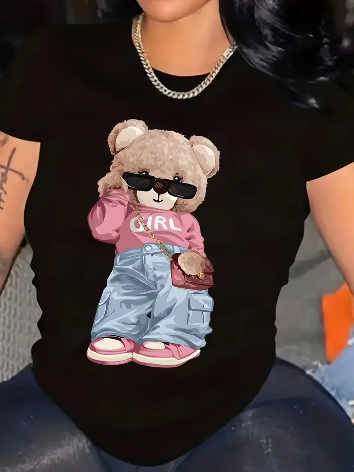 Ours mignon imprimé T-shirt à manches courtes col rond haut décontracté pour l'été et le printemps vêtements pour femmes