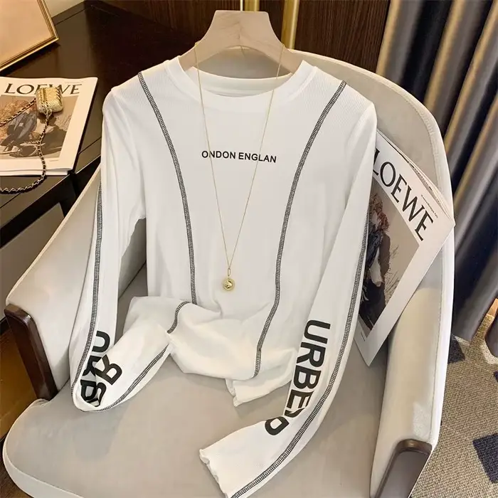 T-shirt à manches longues imprimé lettre blanche pour femmes