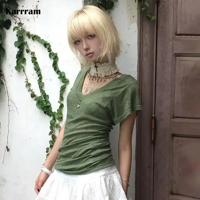 Karrram japonais Y2k vert tricoté T-shirt Trashy 2000s Style col en v haut Vintage Harajuku manches courtes