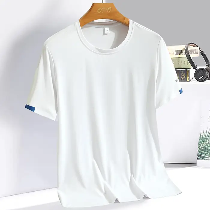 T-shirt d'été en soie glacée pour hommes, sweat-shirt col rond, Simple, costume de course, Fitness,