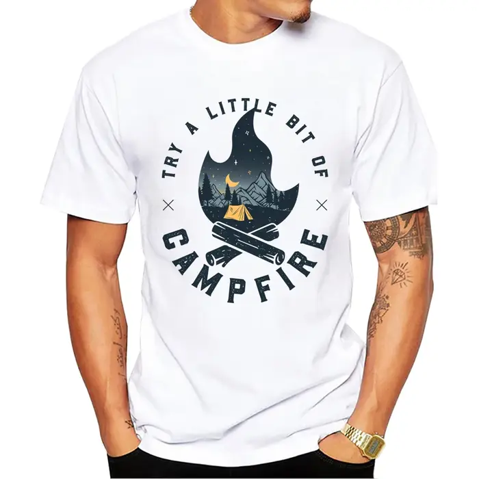 TEEHUB-T-shirt manches courtes pour homme, vêtement de camping, cool, montagne, feu de camp imprimé,