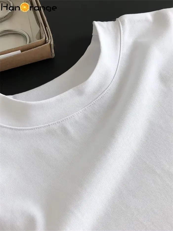 HanOrange-T-shirt à Manches Courtes et Col Rond pour Femme, Haut Vintage, Simple, Fin, Décontracté,