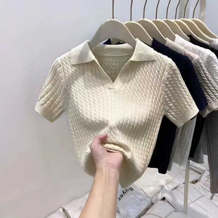 T-shirt à manches courtes en tricot pour femmes, printemps été, toutes occasions, hauts ajustés à co