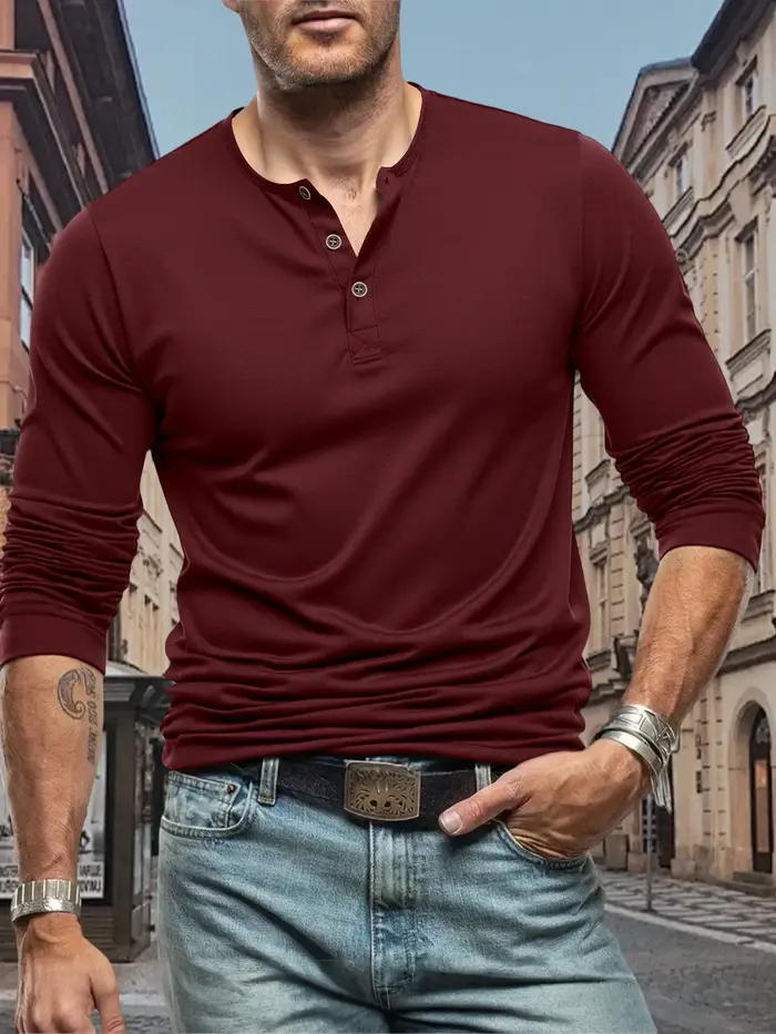 T-Shirt homme manches longues hauts t-shirts de rue col Henley bouton sport