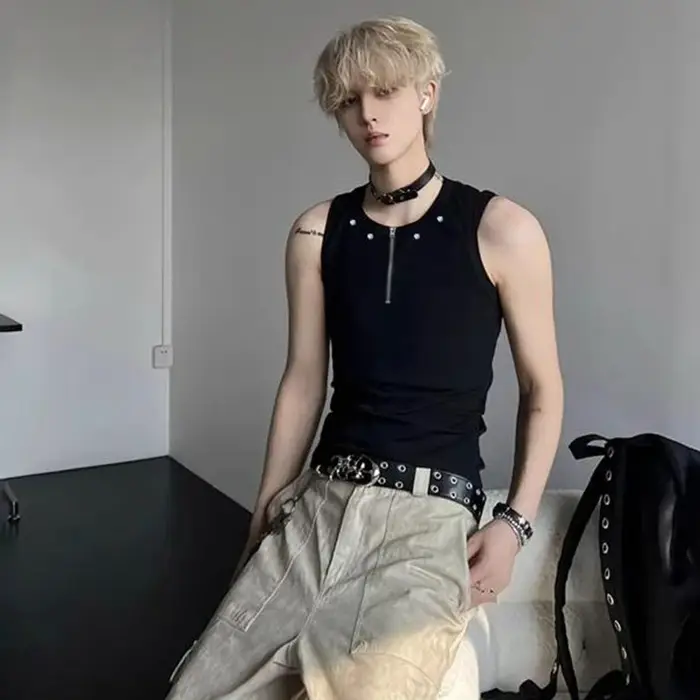 LUZHEN fermeture éclair Rivet métal décorer couleur unie vêtements de rue hommes 2025 été mince sans manches T-shirts à la mode débardeurs JY2794