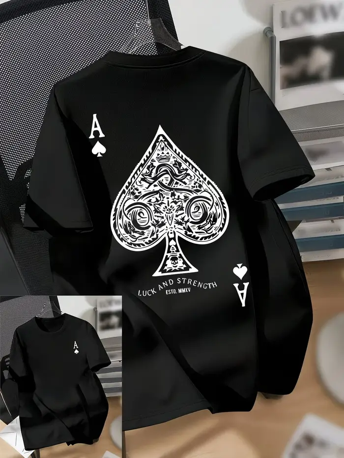 T-shirt graphique Ace Spade pour hommes, imprimé double face, manches courtes, col rond, style vintage streetwear, coupe oversize, décontracté, unisexe