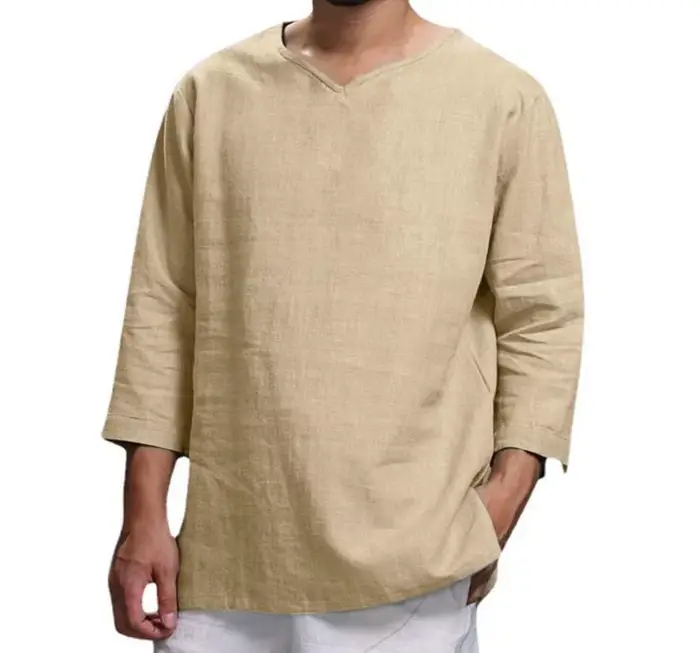 Hommes col en V coton lin t-shirts mâle respirant couleur unie trois quarts décontracté ample pull