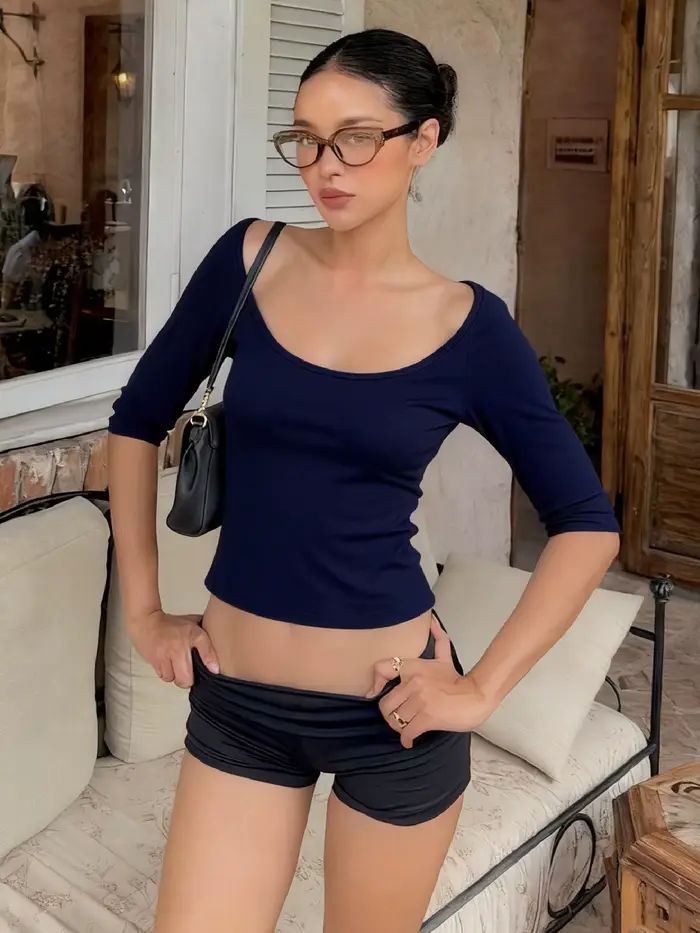 Dulzura automne dernière solide col en U demi manches coupe ajustée T-Shirt femmes casual polyvalent Y2K haut fête Club