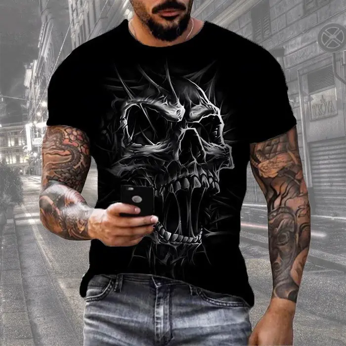 T-shirt imprimé tête de mort 3D rétro
