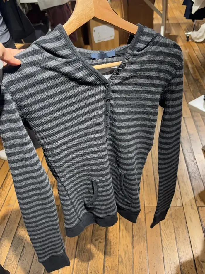 Rayé gaufre à manches longues T-Shirt femme printemps boutons à capuche mince