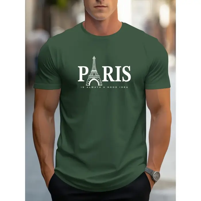 T-shirt à motif Tour Eiffel de Paris pour hommes - Col rond décontracté