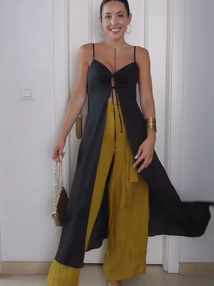 TFMLN Haut décontracté à longues bretelles pour femme, chic, uni, à lacets, sans manches, à fines bretelles, avec fente haute, style streetwear, pour l'été