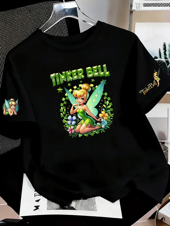 T-shirt à manches courtes pour hommes et femmes, 100% coton, dessin animé Tinker Bell, à la mode, po