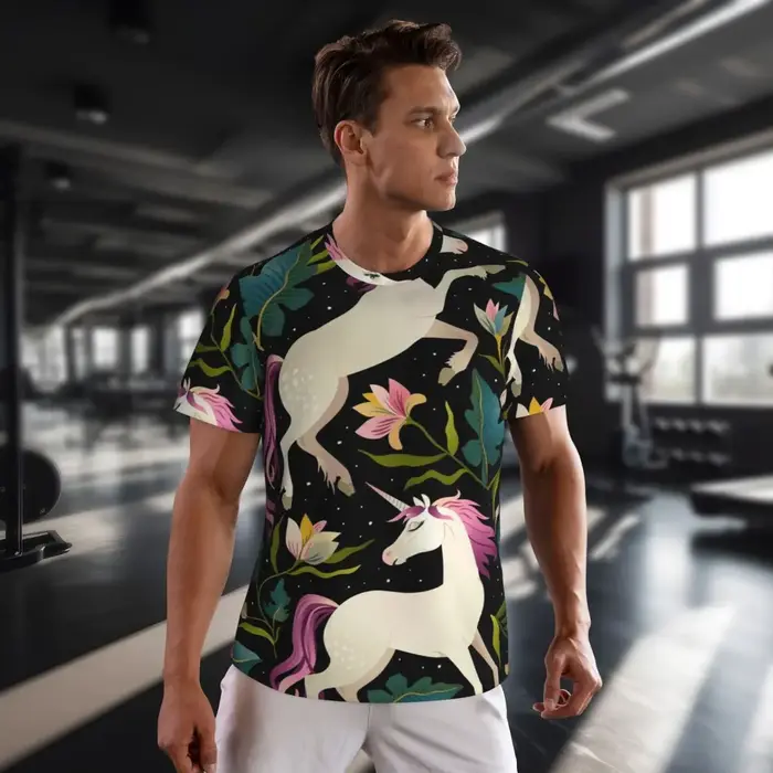 Dessin animé licorne gymnase t-shirt fleurs imprimer Harajuku t-shirts hommes Vintage