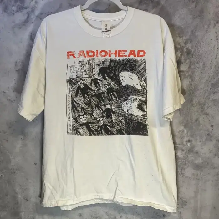 T-shirts Rares Oversize Rock Radiohead Kid A's Album Tour Concert Noir Blanc Bleu Marine Homme Femme Décontracté Imprimé Manches Courtes