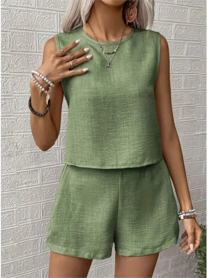 Nouvel ensemble décontracté léopard tendance : débardeur ample à col rond et short pour femme – Coll