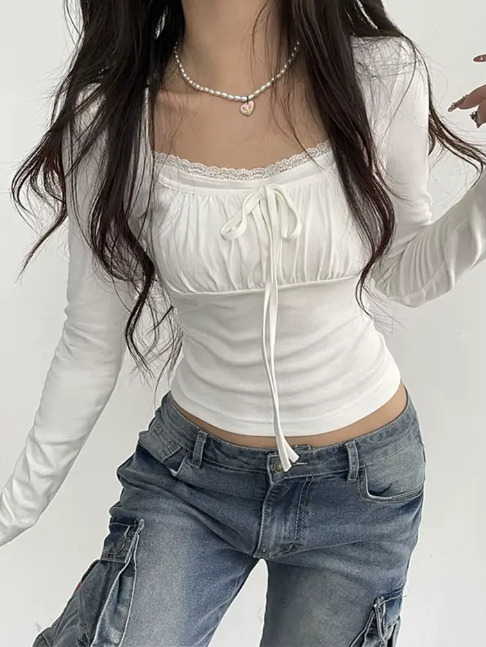 Bandage plis col carré haut court femmes Fairycore y2k blanc t-shirts basique tricoté élégant t-shir