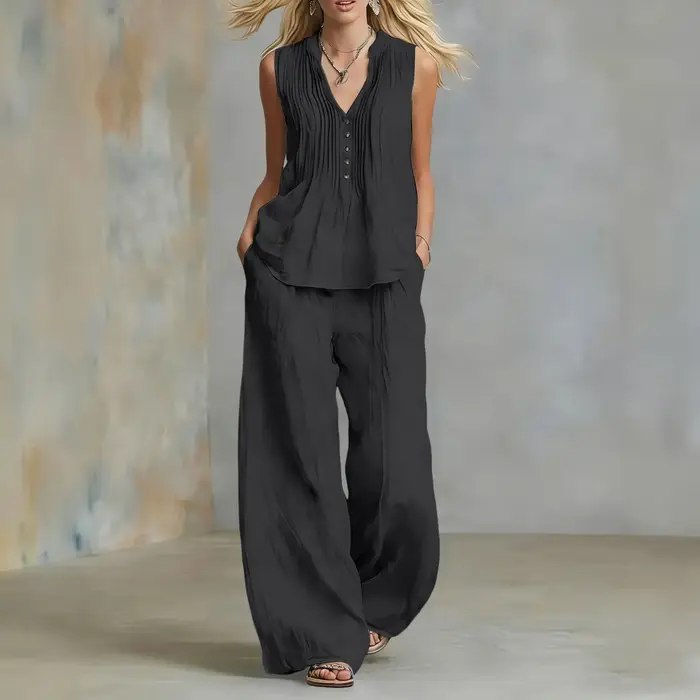 Ensemble deux pièces décontracté pour femme : Gilet sans manches et pantalon long à jambes larges