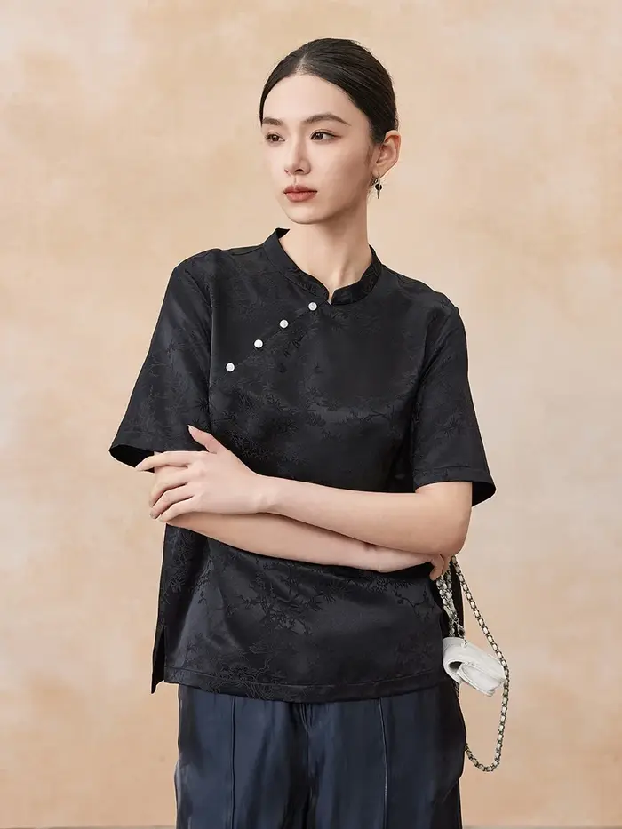 Birdtree, T-shirt 100% soie véritable 28MM, hauts à col montant et manches courtes, style chinois, c