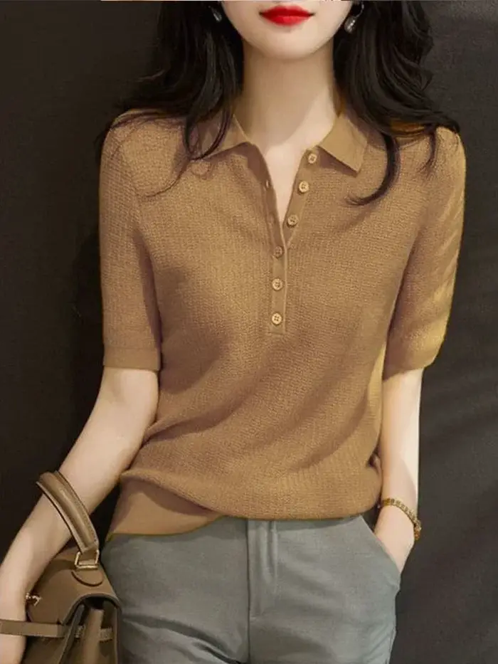 Chemise à col Polo pour femmes bouton uni femme T Slim vêtements