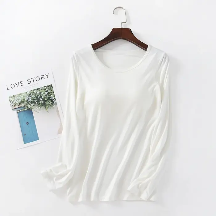 T-shirt à manches longues avec coussretours de poitrine pour femme, haut de nuit, coupe modale, chem