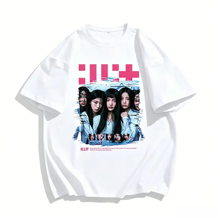 T-shirt ILLIT – Coton, Manches Courtes, Style Y2K Unisexe, Col Rond, Coupe Oversize, Streetwear, Été