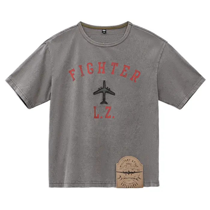 T-shirt homme Maden, imprimé avion de chasse vintage, coton lourd, col rond oversize, style streetwe
