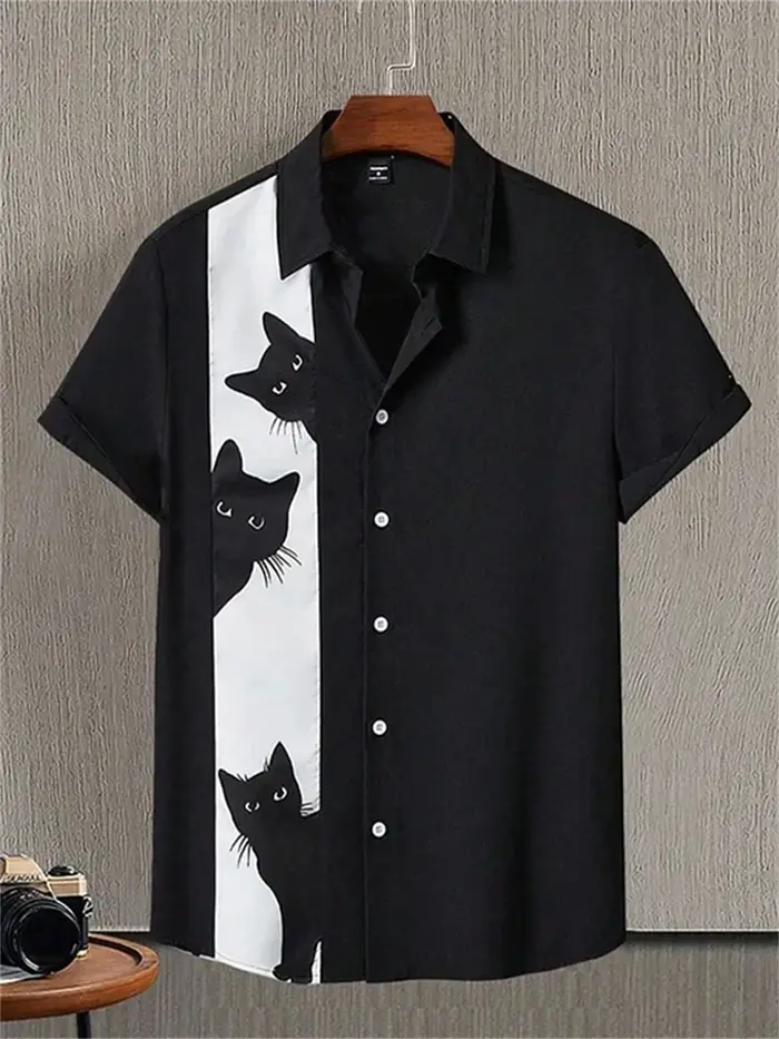 Chemise à manches courtes imprimée sur le thème du chat pour hommes, revers décontracté, coupe ample