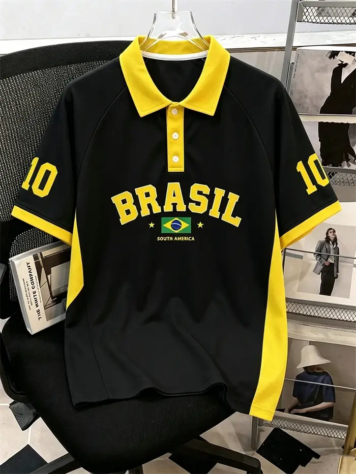 Nouveau T-shirt Polo Homme à Manches Courtes Motif Drapeau Brésilien Style Sportif