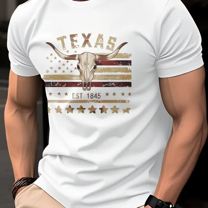 T-shirt pour homme Texas EST 1845 avec crâne de Longhorn