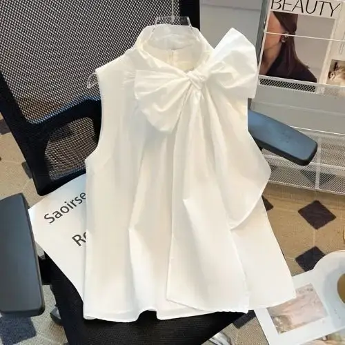 Chemisier blanc pour femmes 2025 Blusas Mujer De Moda pansement nœud sans manches chemises amples mode doux été Blouses hauts femme