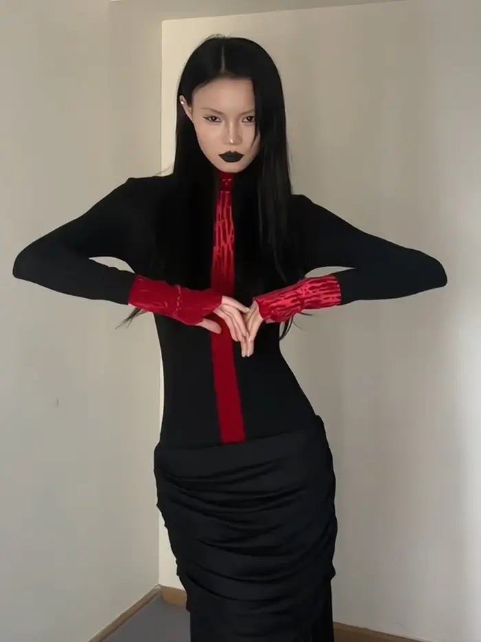 Yedinas Patchwork col roulé T-shirt femme vêtements à manches longues noir gothique haut d'automne 2