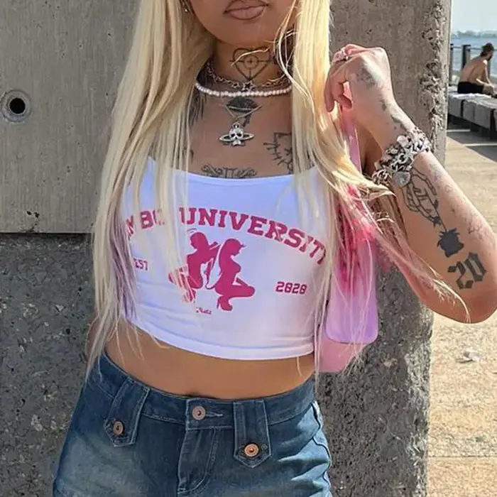Y2k Harajuku Punk graphiques sans manches Sexy haut court vêtements pour femmes 2023 Vintage lettre imprimer bébé T-shir