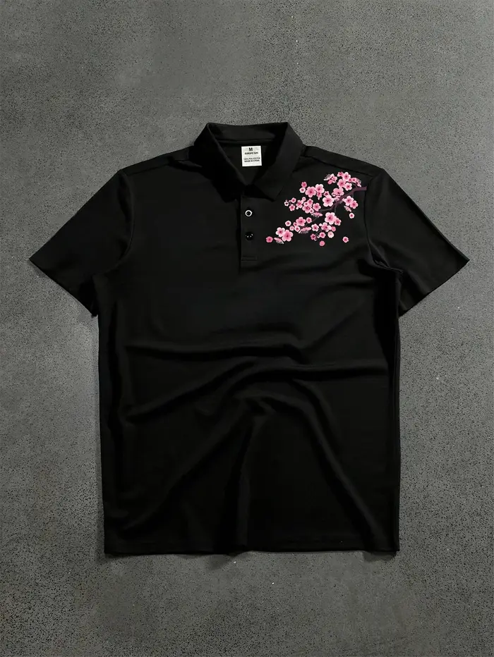 T-shirt polo à manches courtes pour homme avec imprimé fleurs de cerisier dans un style décontracté et coupe ample