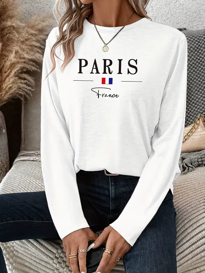 Paris femmes été imprimé surdimensionné ample décontracté col rond à manches longues T-shirt haut mode Streetwear