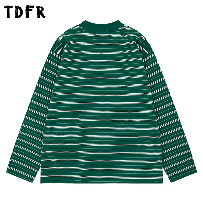 Rayé à manches longues T-shirt hommes broderie automne rétro décontracté col rond en coton