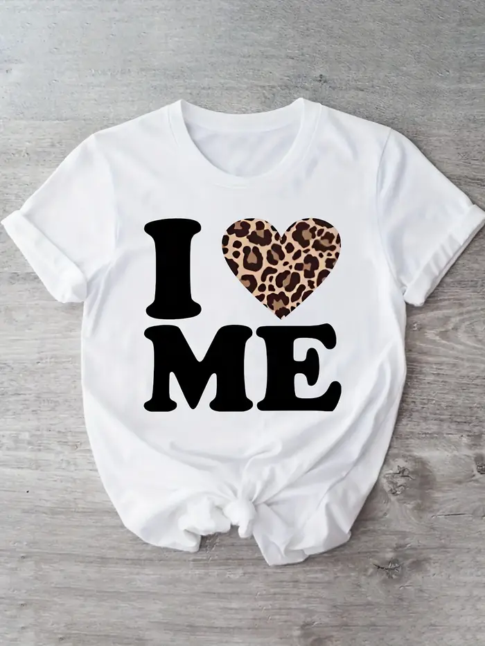 T-shirt imprimé cœur léopard I Me pour femme, décontracté, confortable, col rond, manches courtes, p