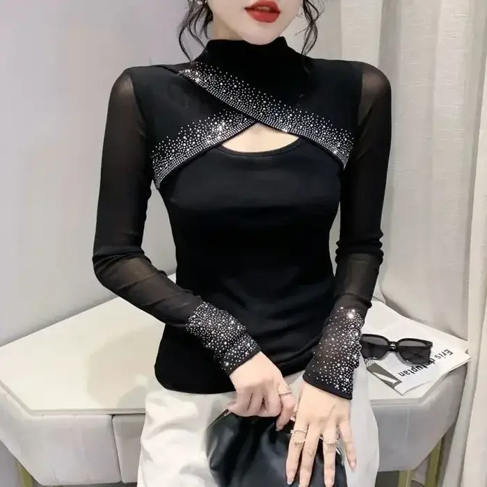 T-shirt à manches longues pour femmes noir paillettes printemps haut d'automne femme strass paillett