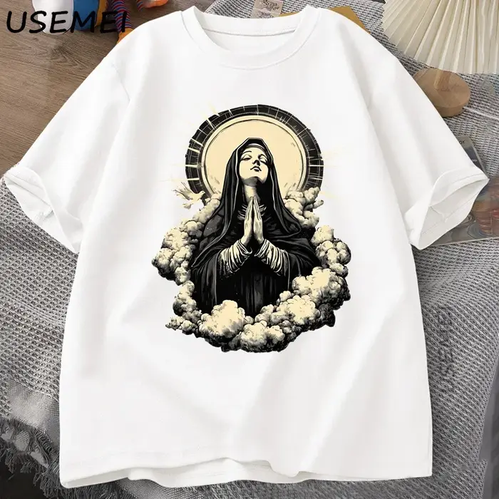 T-shirt chrétien vierge marie graphique foi unisexe T-shirt noël ou pâques T-shirt coton femmes à ma