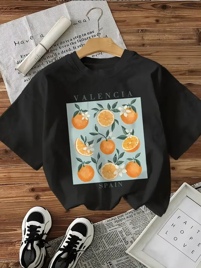 Orange imprimé femmes à manches courtes col rond t-shirt mode vêtements d'été Valencia espagne graphique