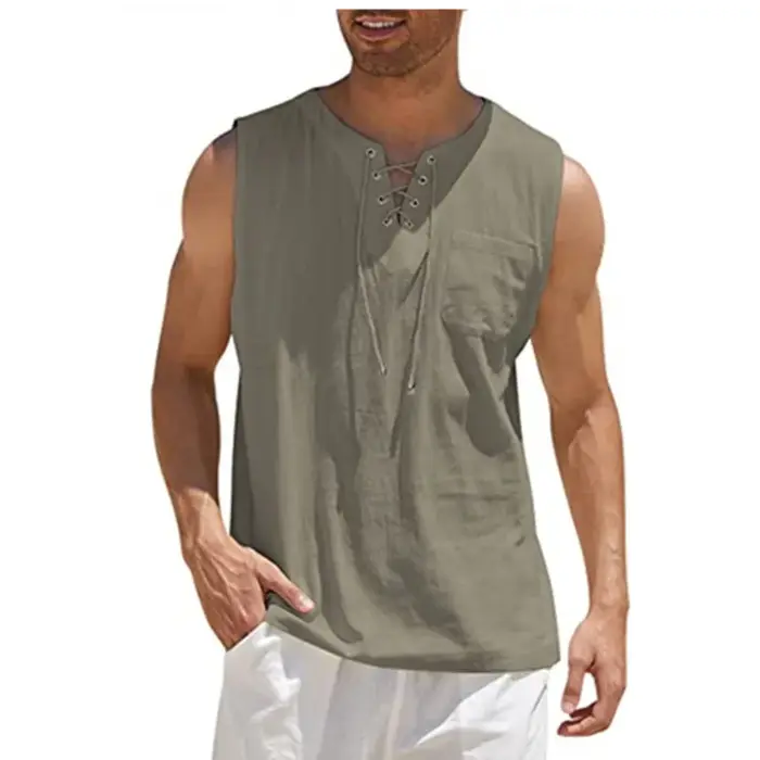 Chemise sans manches vintage à lacets pour homme, nouveau modèle d'été, style médiéval, col montant,