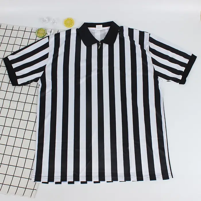 Nouveau T-shirt d'arbitre à col à revers côtelé rayé noir et blanc pour hommes et femmes