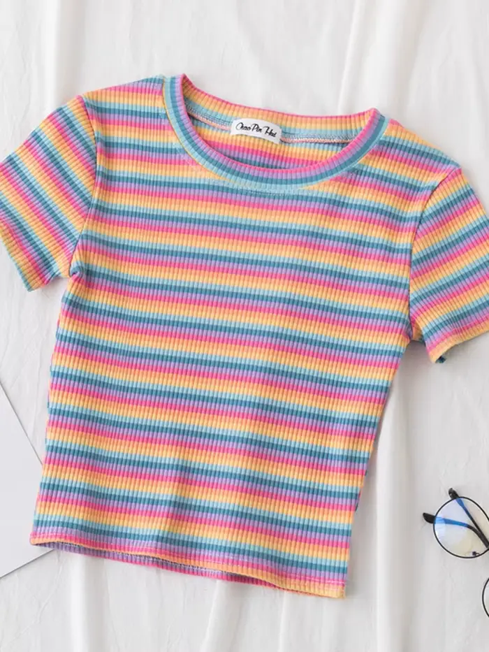 T-shirt rayé arc-en-ciel pour femme, manches courtes, vêtements féminins coréens, t-shirt Harajuku,