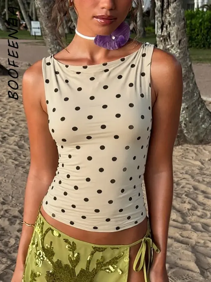 BOOFEENAA mode à pois imprimé débardeurs pour femme vêtements col rond haut sans manches C70-AF14
