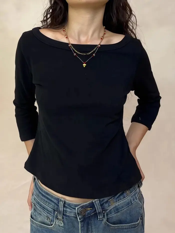 T-shirts à manches trois-quarts pour femme, automne, simples, unis, basiques, col en V, coton, coupe