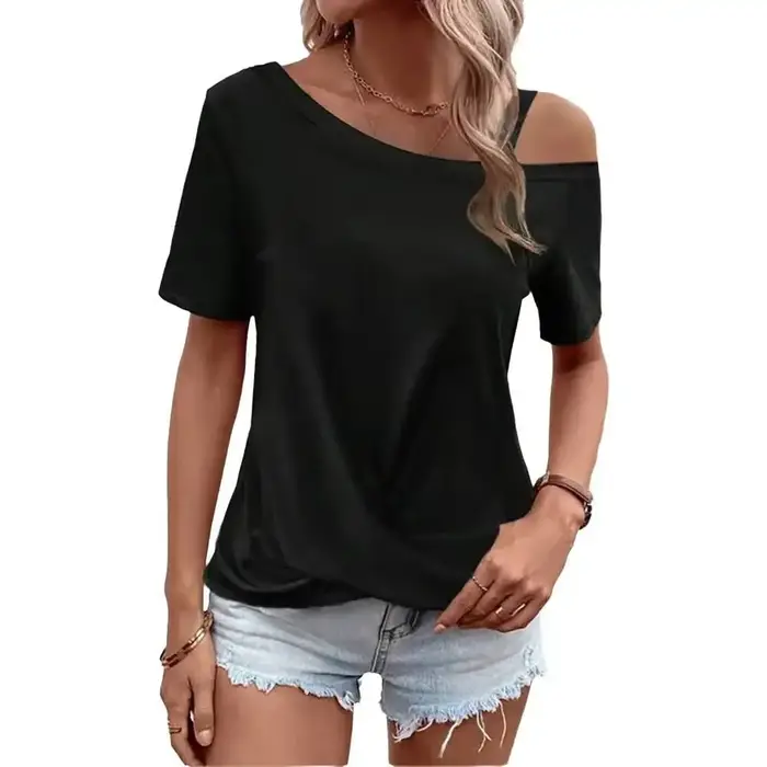 T-shirt femme noir printemps-été à une épaule