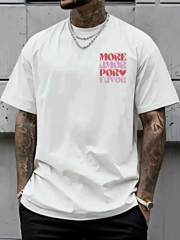 T-shirt pour homme en coton 100% doux de qualité supérieure avec impression de citation d'amour « More Amor Por Favor »