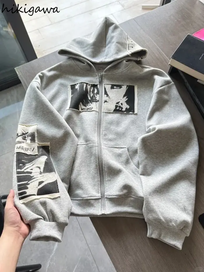 Sweat-shirts à capuche vêtements pour femmes rétro Patchwork Portrait imprimé vestes Y2k hauts 2025 Ropa Mujer