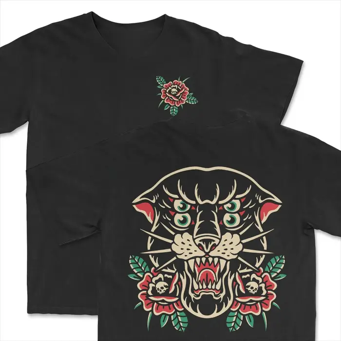 T-shirt unisexe surdimensionné en coton Y2K Streetwear avec motif double face tatouage panthère rose style old school été 2026